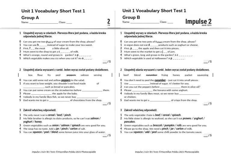 Unit 1 Vocabulary Short Test | PDF | Pancake | Yogurt