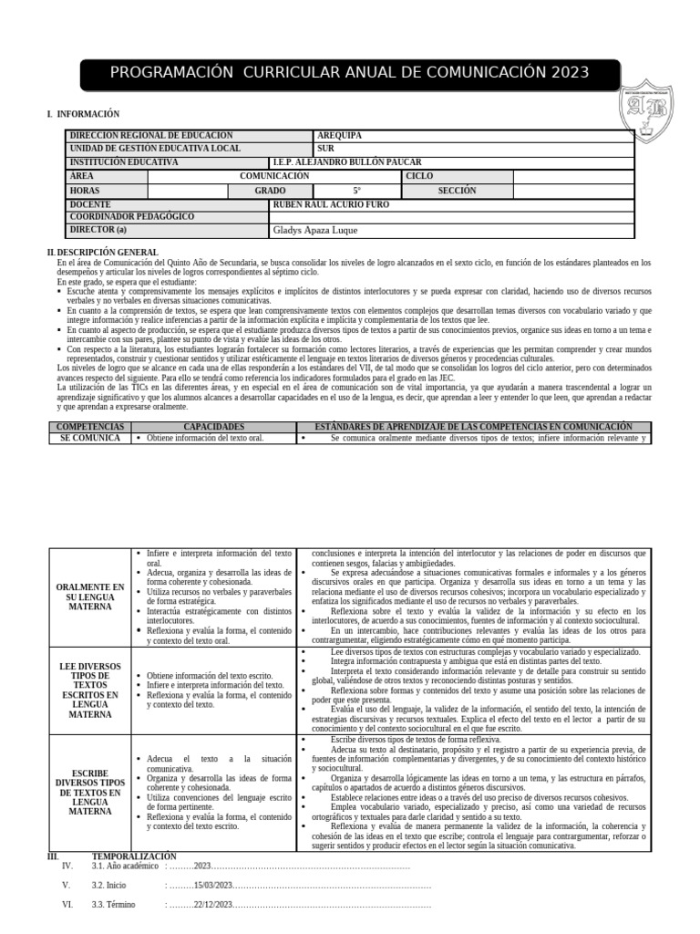 Programación Anual Comunicación 2023 | PDF | Enseñando | Aprendizaje