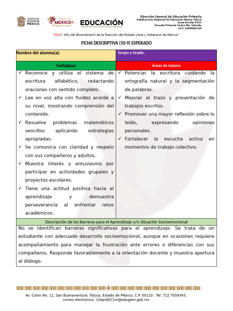 1º Grado Fichas Descriptivas Esperado y en Desarrollo | PDF | Educación
