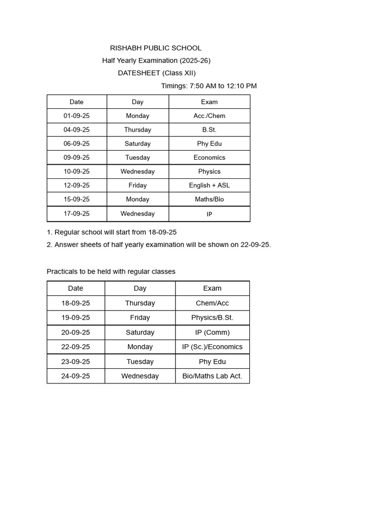 Rishabh Public School Class XII Exam Datesheet | PDF