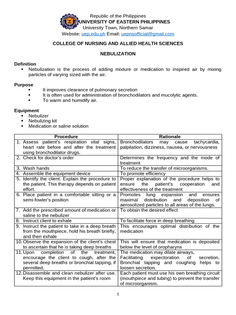 Nebulization Procedure and Checklist | PDF | Hypoglycemia | Clinical ...