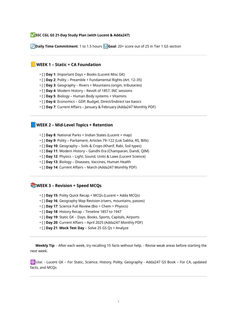 21-Day GS Study Plan for SSC CGL | PDF