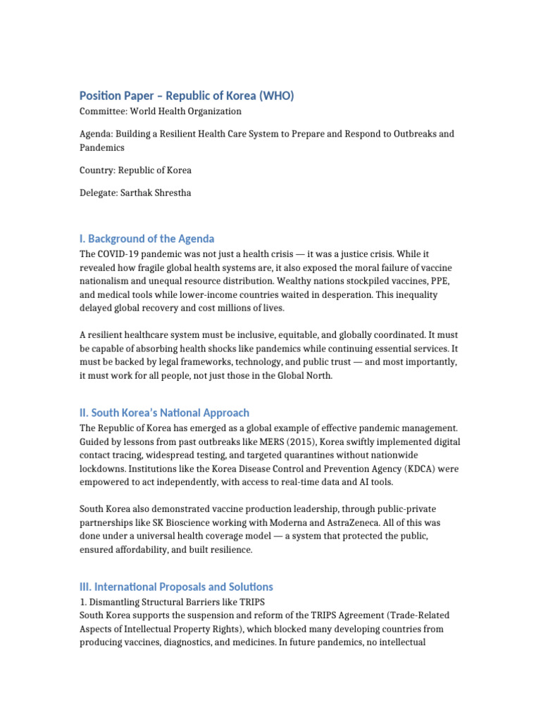 South Korea WHO Position Paper SaipalMUN | PDF | Pandemic | World ...