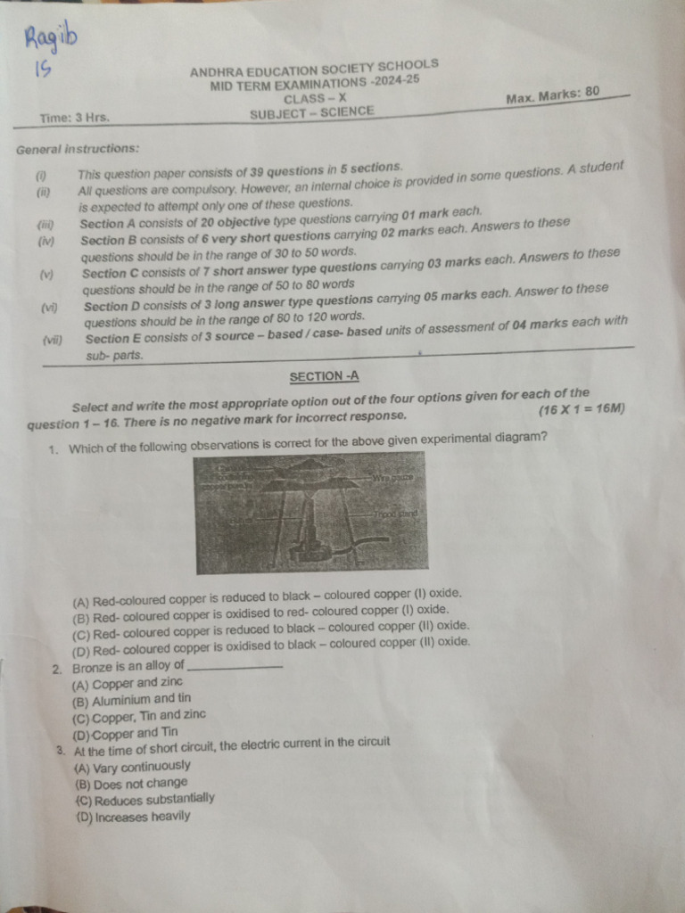 Class X Mid Term Chemistry Exam 2024 | PDF | Chemical Substances ...