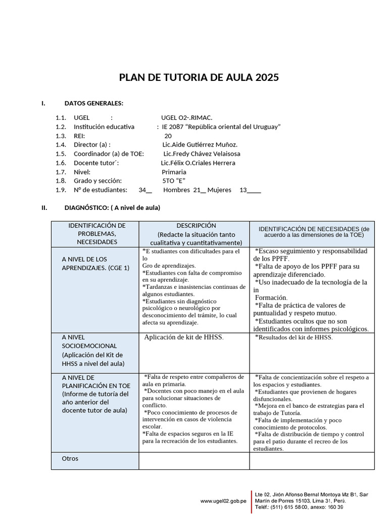 Plan de Tutoria de Aula 2025 | PDF | Salón de clases | Las emociones
