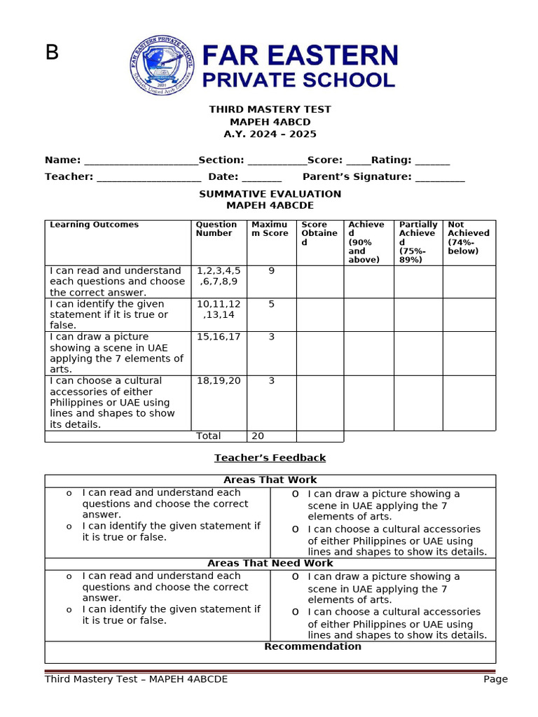 Mapeh4 Set B Third Mastery Test 2025 | PDF | Drawing