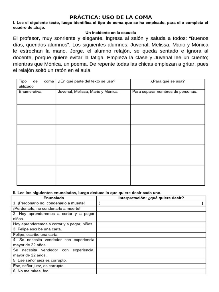 Ejercicios de Uso de la Coma para Primaria | PDF