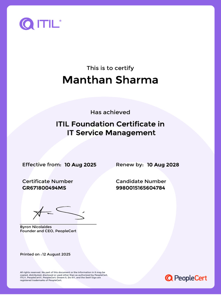 ITIL Foundation Certificate - Manthan Sharma | PDF