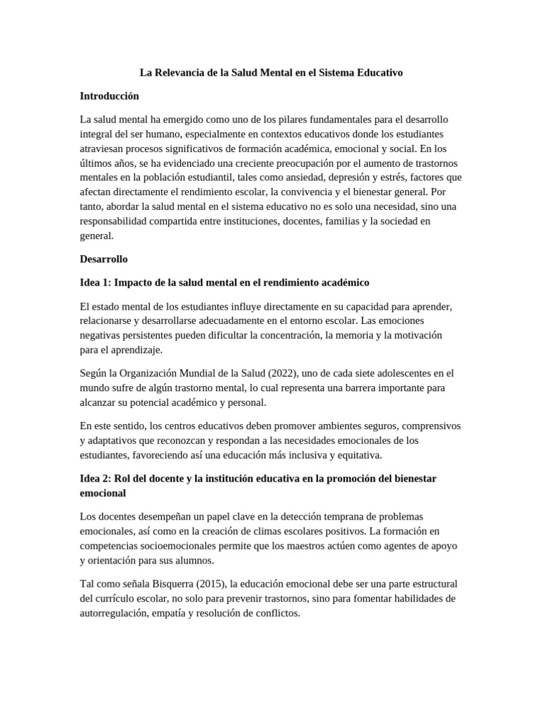 Salud Mental en la Educación Escolar | PDF | Salud mental | Las emociones