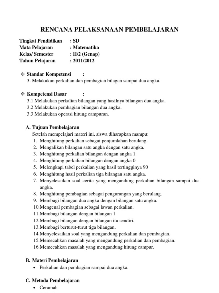 Rpp Kelas Ii Semester Ii Matematika Pdf