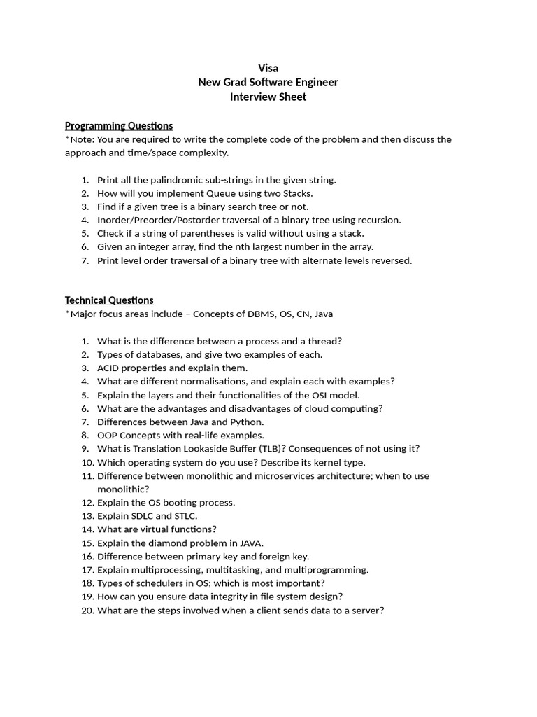 Visa New Grad Software Engineer Interview Guide | PDF | Process ...