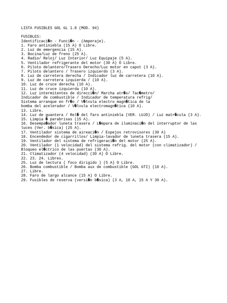 Diagrama de Fusibles Gol GL 94 | PDF