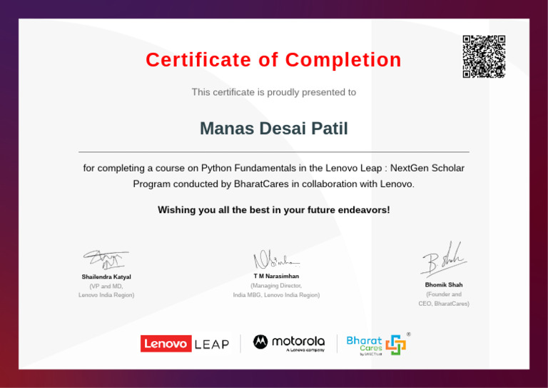 Completion Certificate for Python Course | PDF