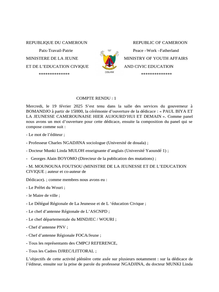 Dédicace sur Paul Biya et la jeunesse | PDF