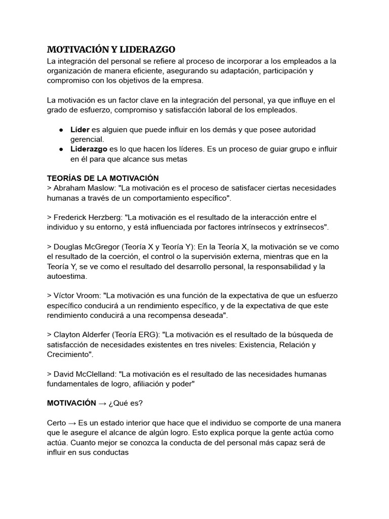 Motivación y Liderazgo en la Integración Laboral | PDF | Motivacional ...