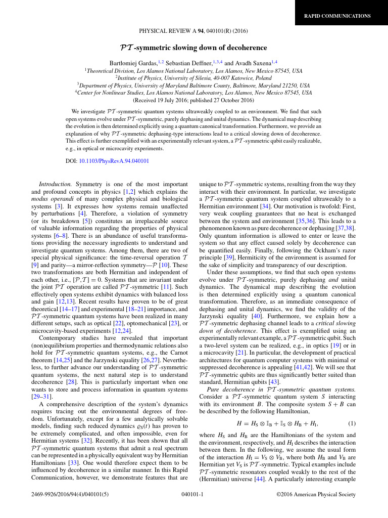 PT Symmetric Slowing of Decoherence | PDF | Quantum Mechanics | Physics