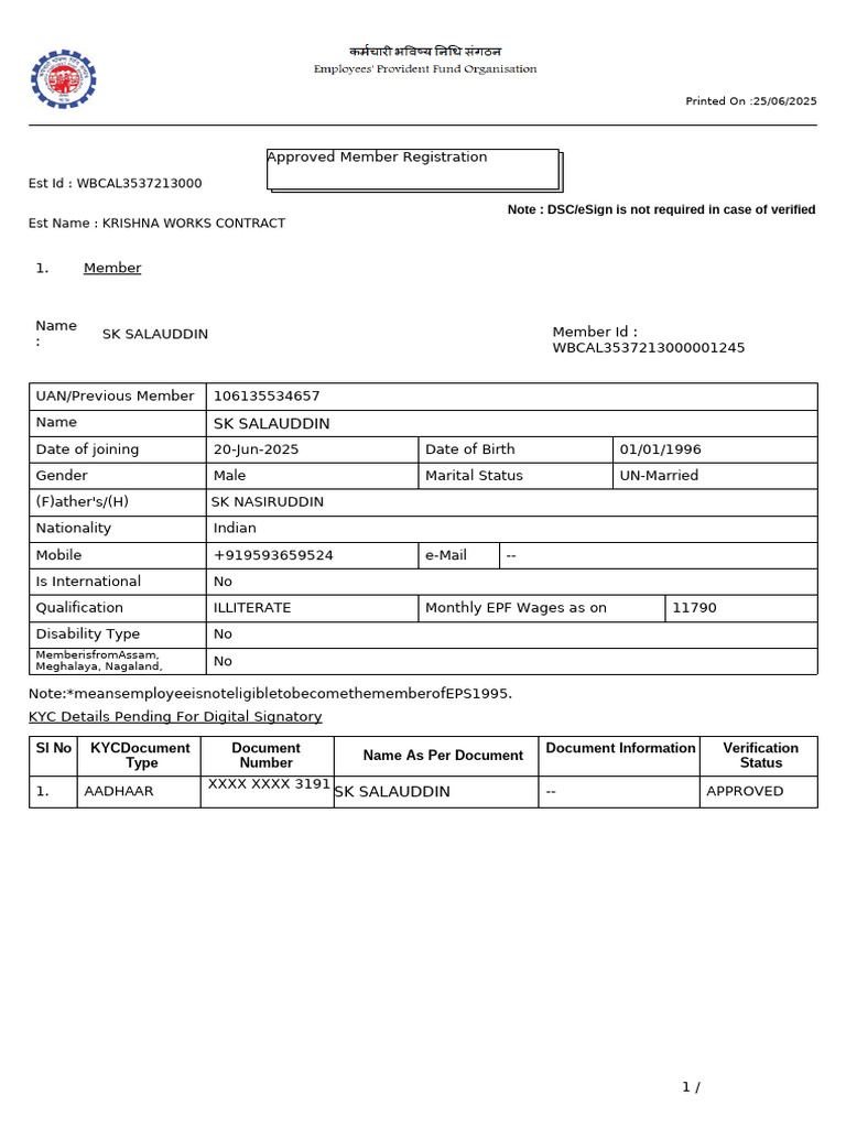 Approved Member Registration for SK Salauddin | PDF