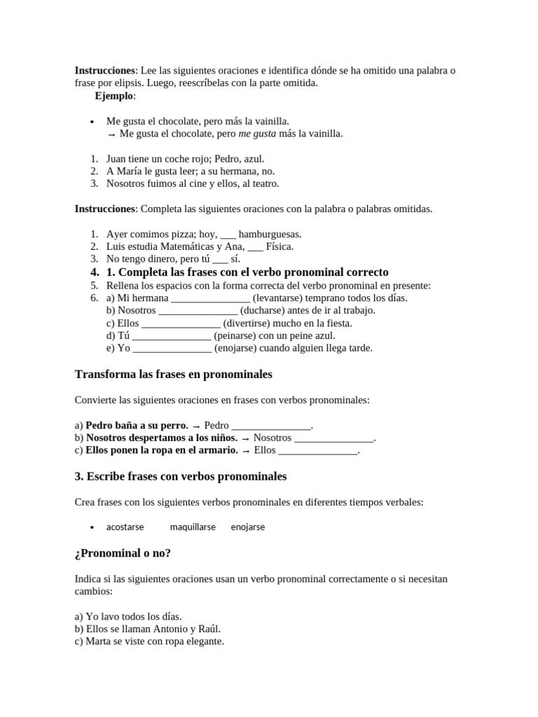 Ejercicios de elipsis y verbos pronominales | PDF | Verbo