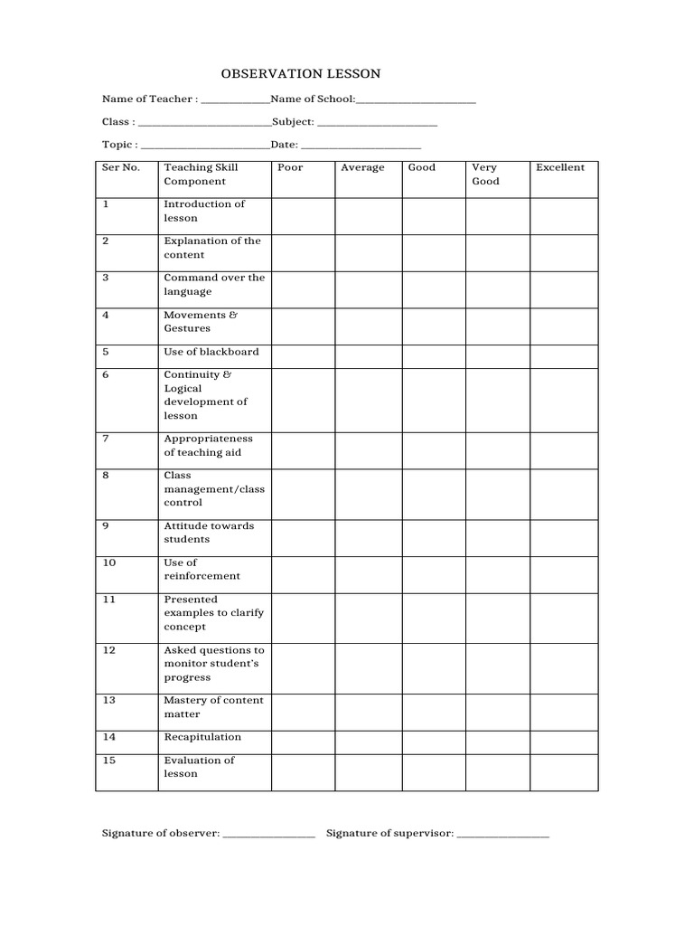 Teacher Observation Lesson Checklist | PDF