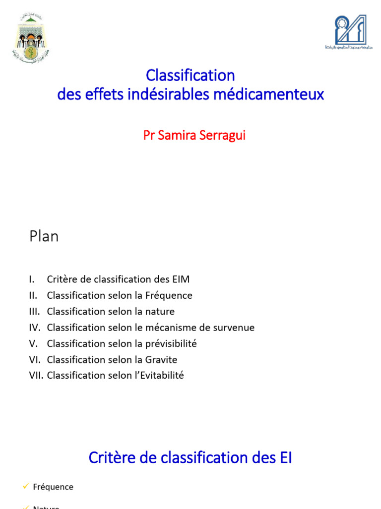 Classification des Effets Indésirables Médicamenteux | PDF ...