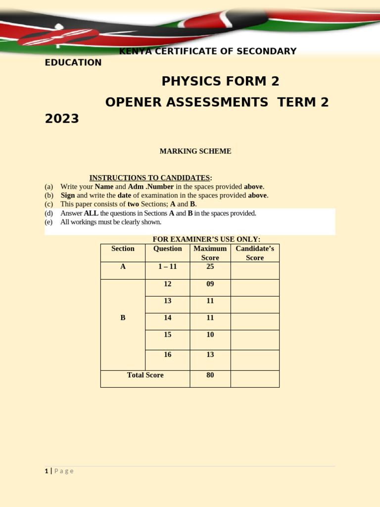 Kenya Physics Form 2 Term 2 Exam Marking Scheme | PDF | Magnet | Pressure