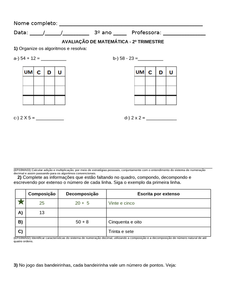 Avaliação de Matemática 3º Ano - 2º Trimestre | PDF | Números | Metro