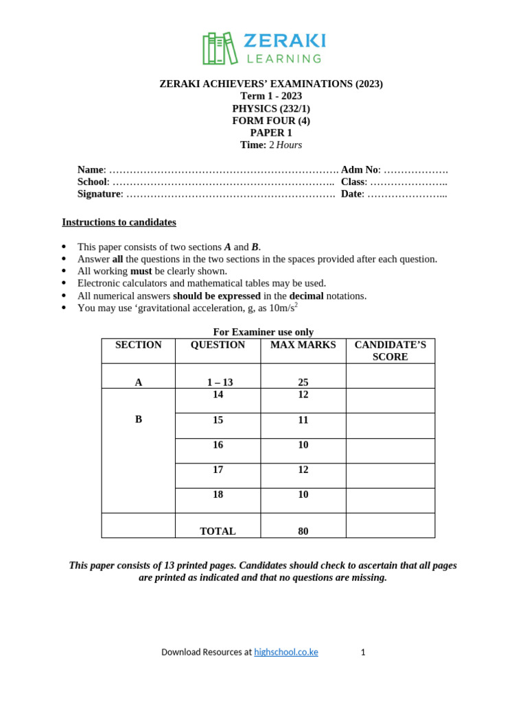 Zeraki Form 4 Physics Exam 2023 | PDF | Heat | Gases