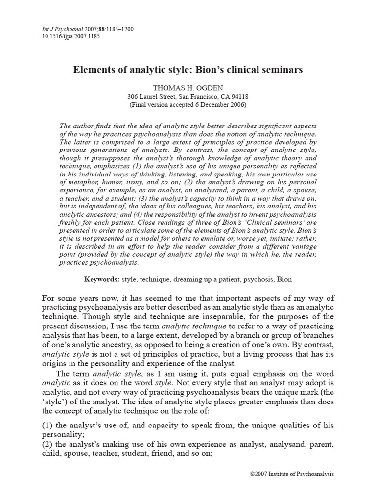 Elements of Analytic Style - Bion Clinical Seminars - Thomas Ogden ...