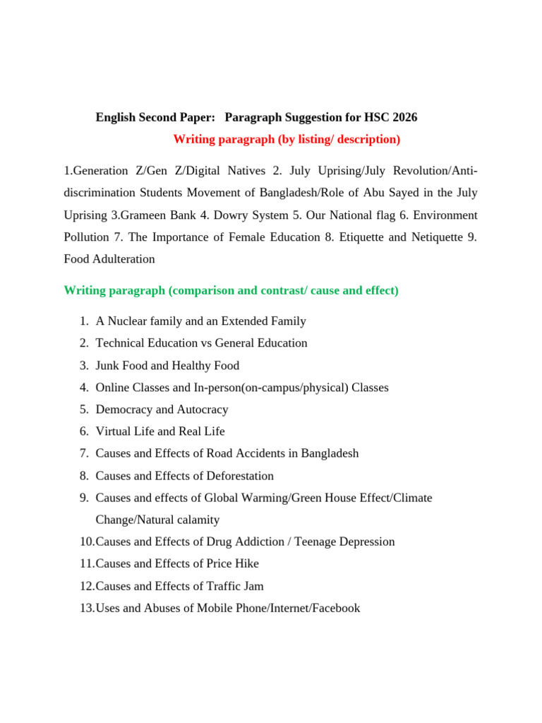 HSC 2026 Paragraph Writing Guide | PDF