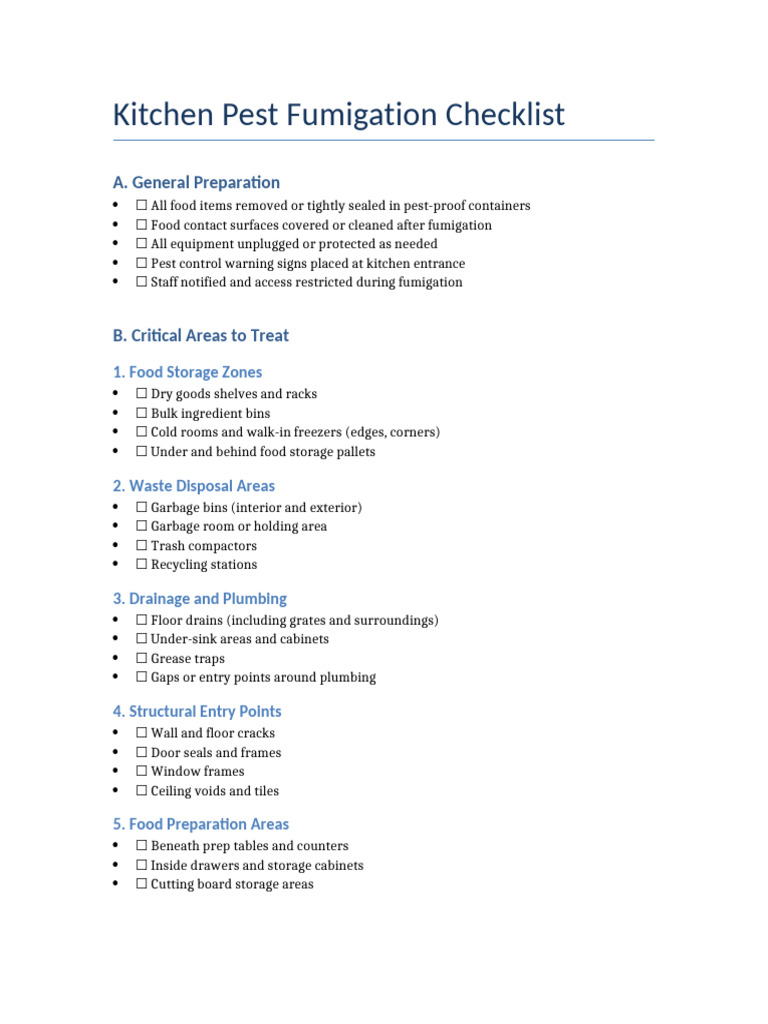 Kitchen Pest Fumigation Checklist | PDF