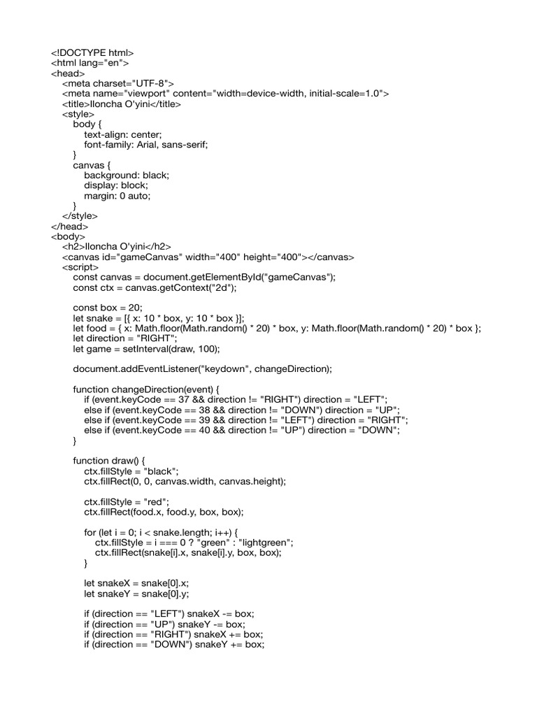 Iloncha O'yini: Snake Game Code | PDF
