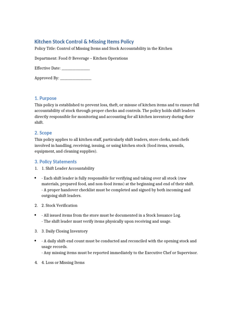 Kitchen Stock Accountability Policy | PDF | Audit | Inventory