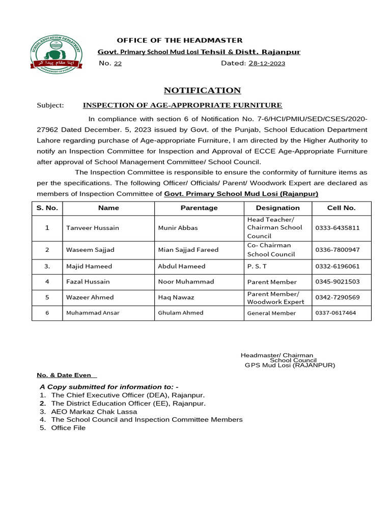 Inspection Committee Notification | PDF