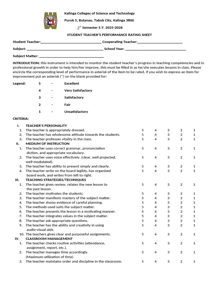 Student Teacher Performance Rating Sheet | PDF | Teachers | Lesson Plan