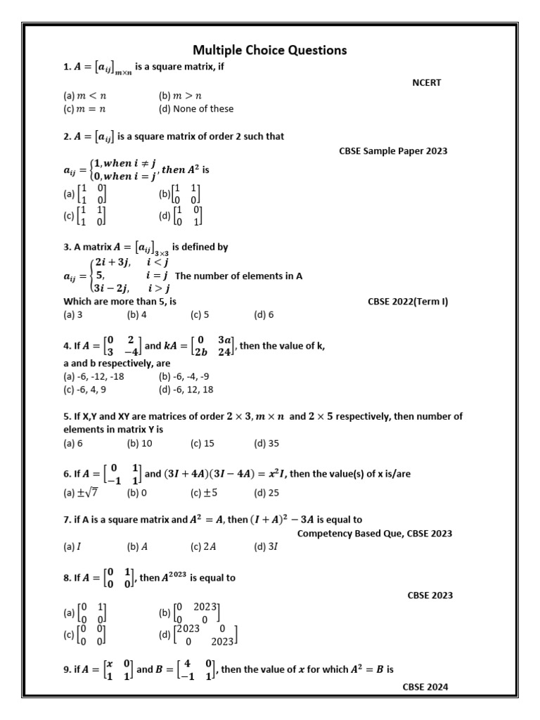 Matrix Multiple Choice Questions | PDF | Matrix (Mathematics) | Mathematics