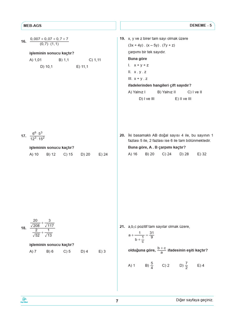 Meb-Ags Deneme 5 Mat | PDF
