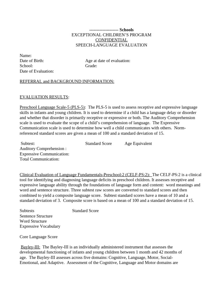 Speech-Language Evaluation Report | PDF | Vocabulary | Standard Score