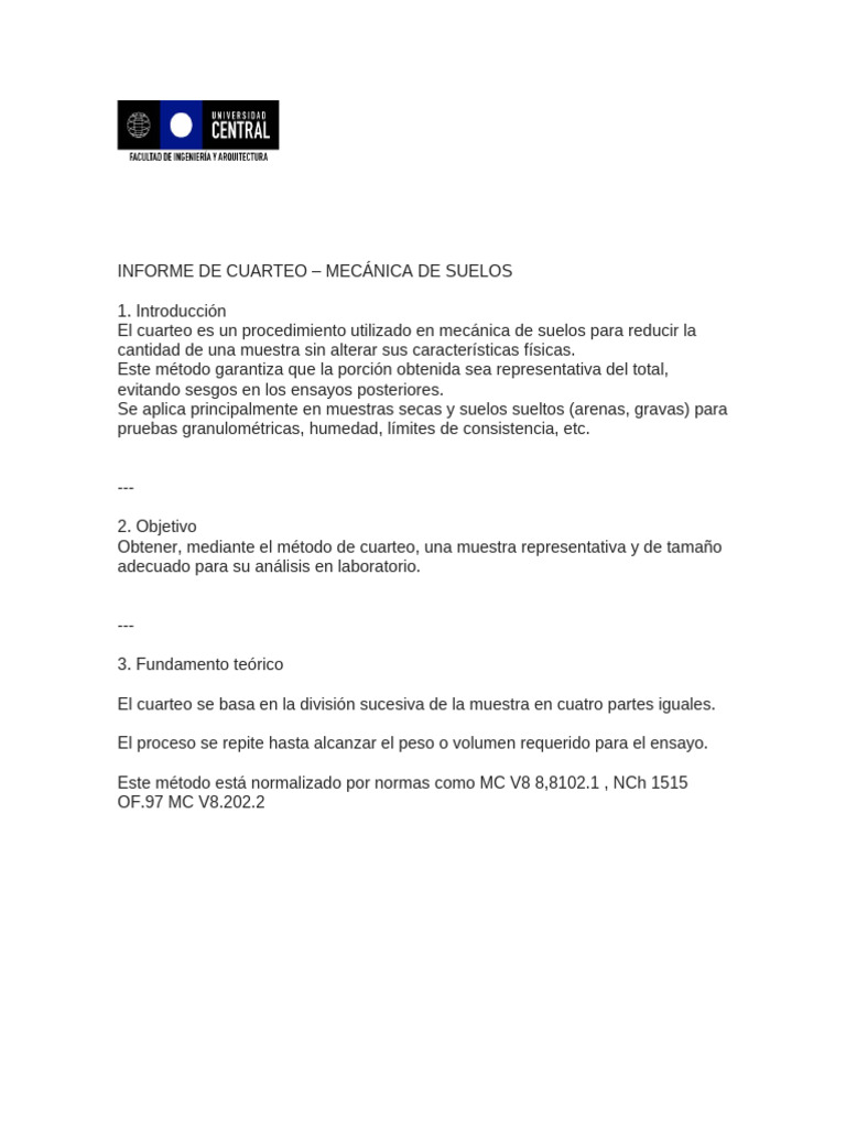 Informe de Labatorio Cuarteo | PDF | Laboratorios | Mecánica de suelos
