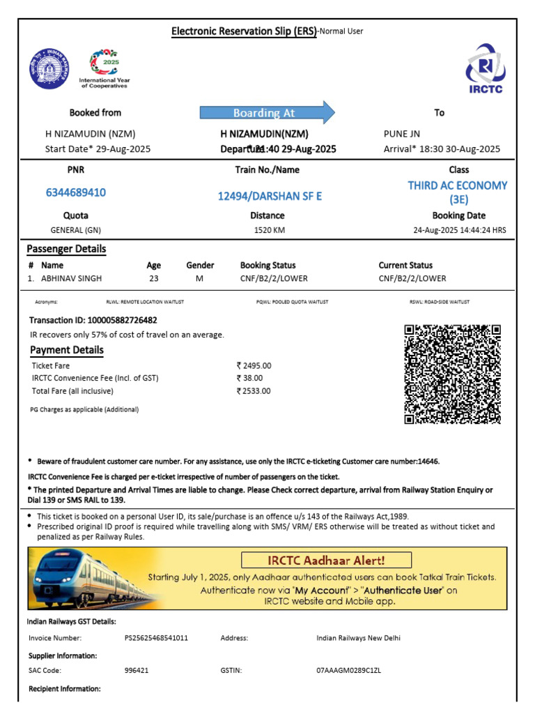 Electronic Reservation Slip for Train Booking | PDF | Identity Document