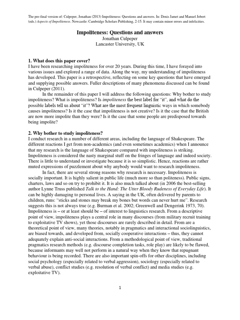 Impoliteness Questions and Answers | PDF | Human Communication