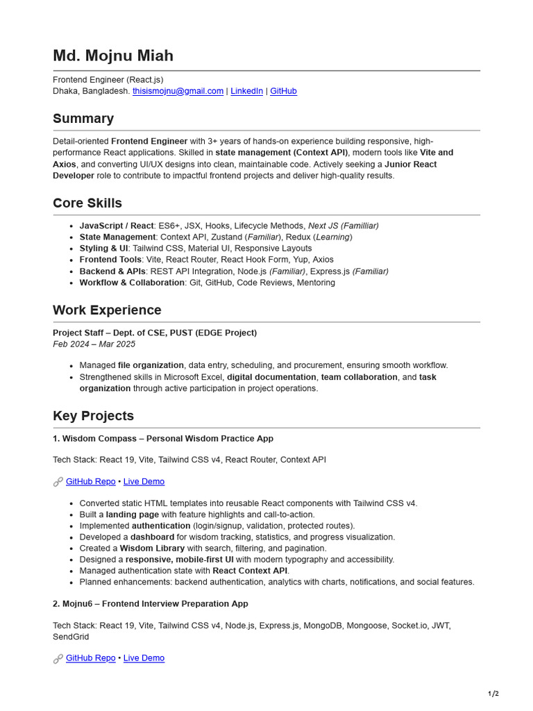 Mojnu Frontend Developer Resume | PDF | Information Technology ...