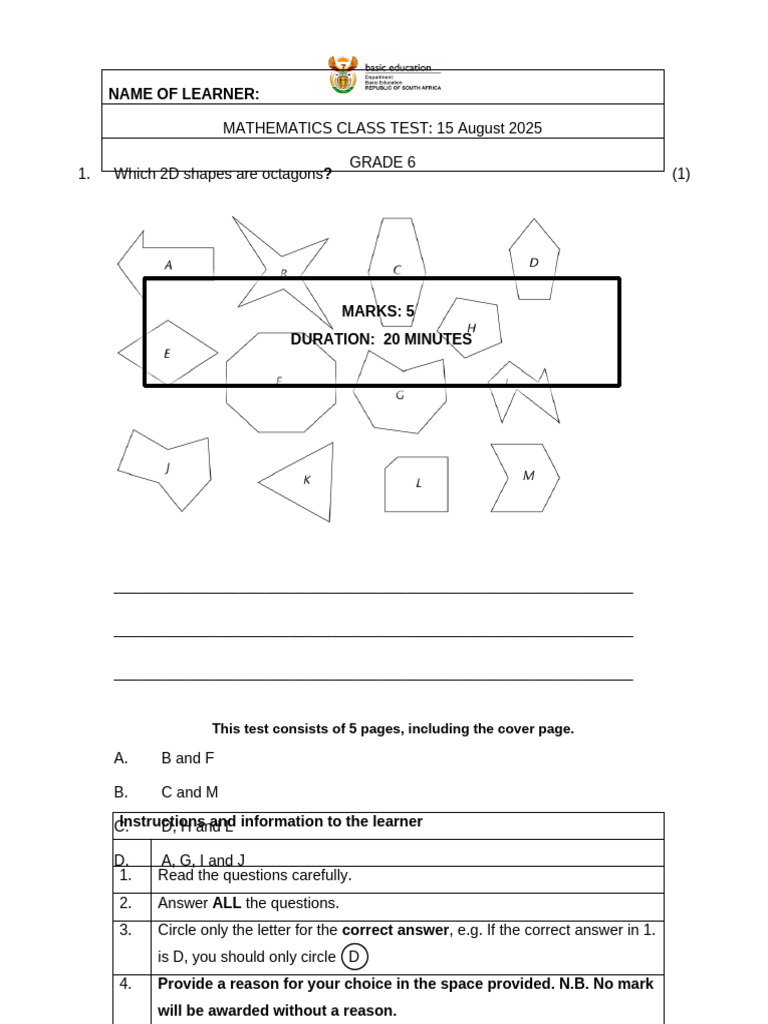 Grade 6 Math Test on Shapes | PDF | Triangle | Shape