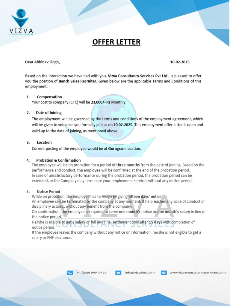 Offer Letter for Bench Sales Recruiter | PDF | Employment | Background ...