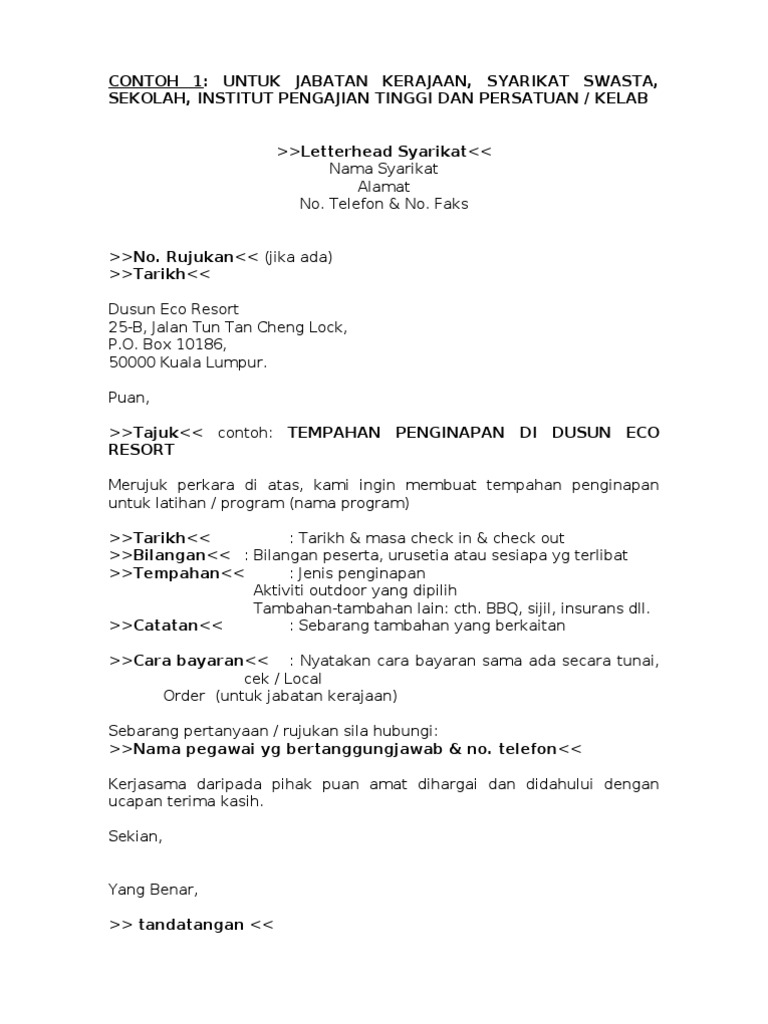 Contoh Surat Tempahan Pdf