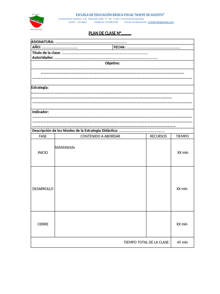 Plan de Clase para Educación Básica | PDF