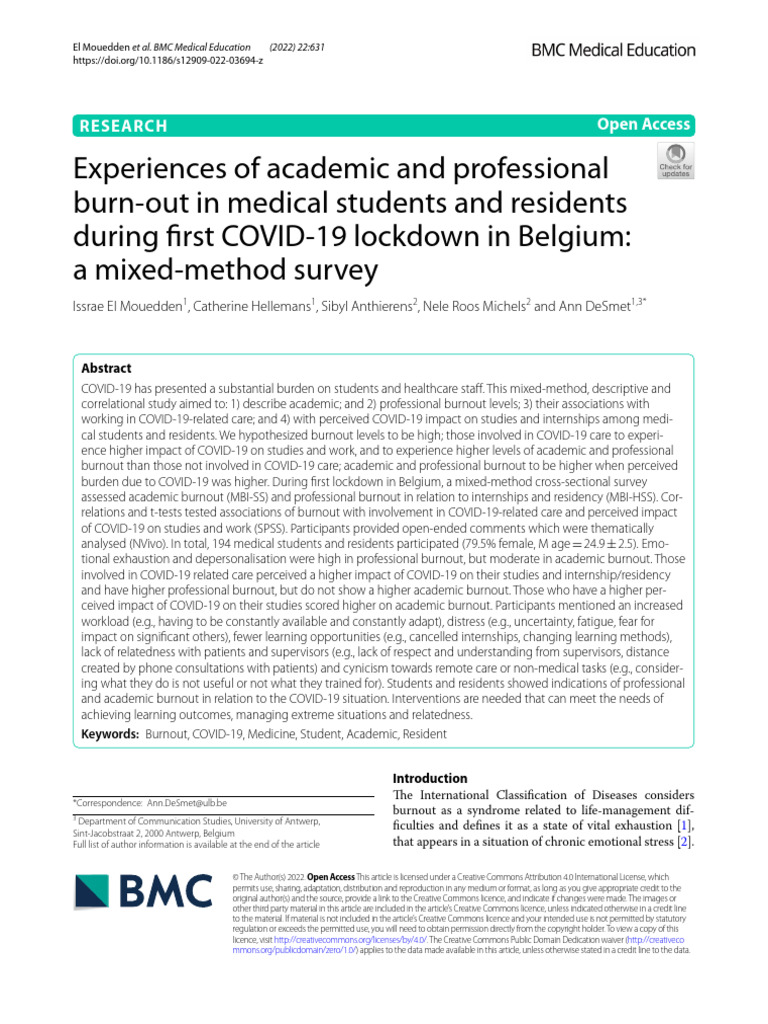 Medical Student Burnout During COVID-19 | PDF | Occupational Burnout ...