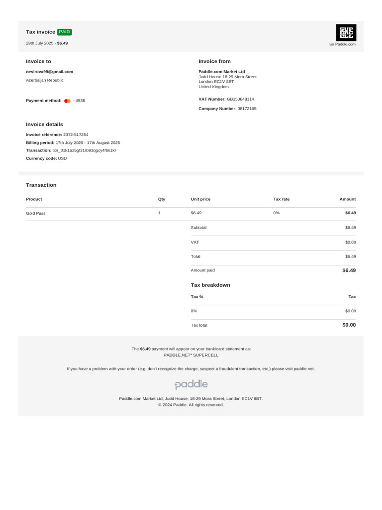 Paddle Invoice for Gold Pass Payment | PDF | Invoice | Government Finances