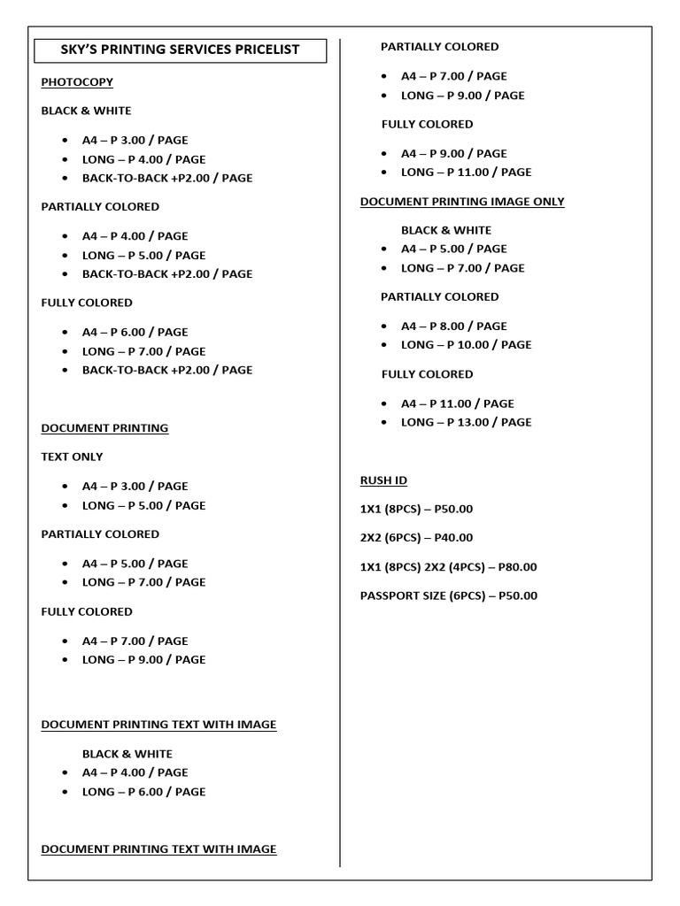 Sky Printing Services Pricing Guide | PDF