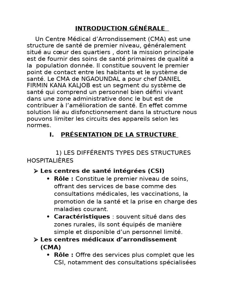 Fonctionnement et structure du CMA Ngaoundal | PDF | Hôpital ...