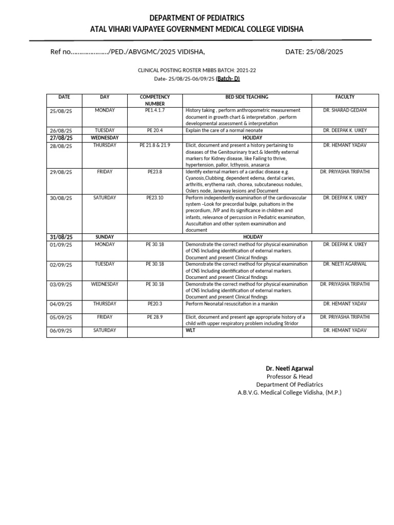 Pediatrics Clinical Posting Schedule | PDF | Medicine | Medical Specialties